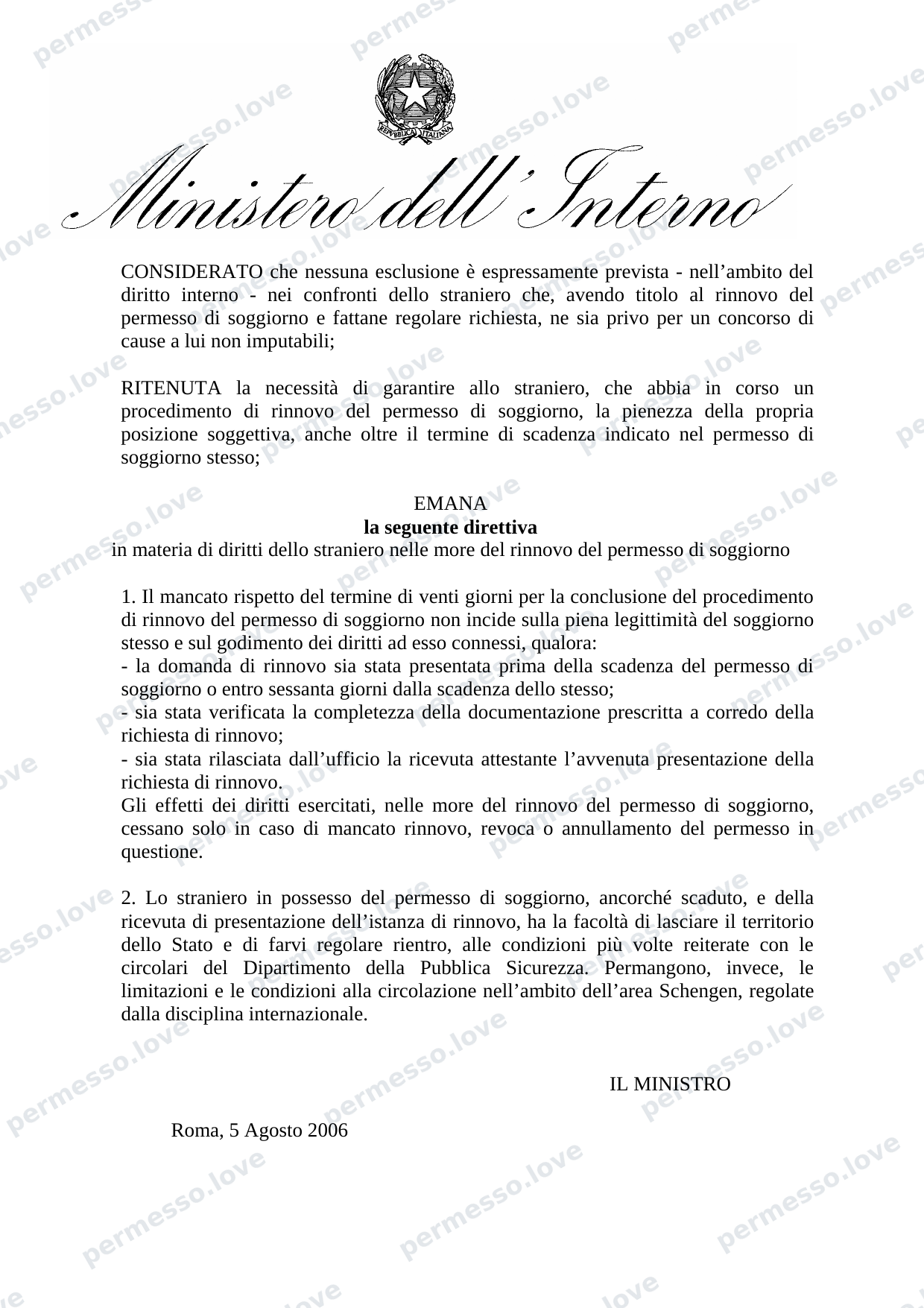 Direttiva del Ministero dell'Interno italiano sui diritti dello straniero in attesa di rinnovo del permesso (agosto 2006) - pagina 3/3
