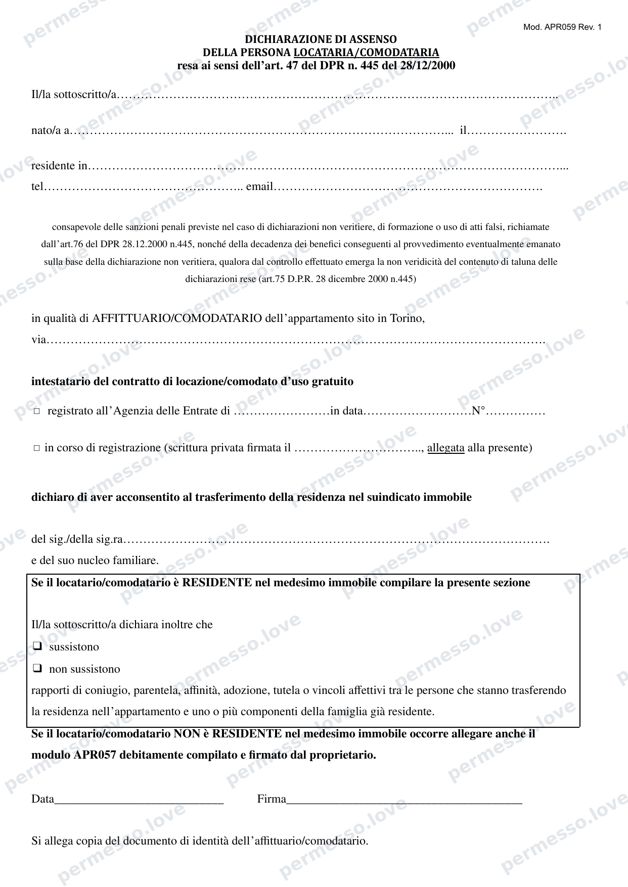 Mod. APR057: dichiarazione di assenso della persona proprietaria (Torino) - pagina 3/3