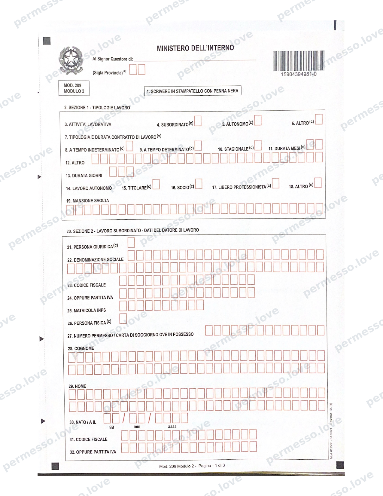 Modulo ufficiale Mod. 209 - richiesta di permesso di soggiorno (Kit Permesso) - pagina 14/24
