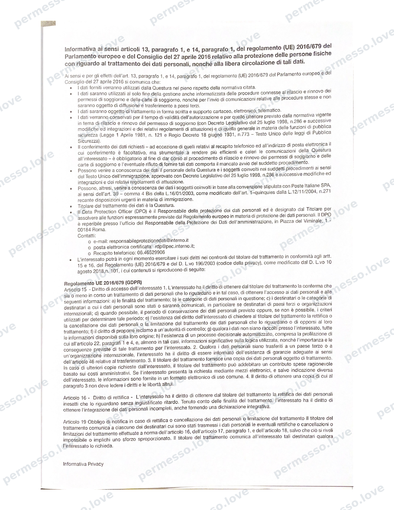 Modulo ufficiale Mod. 209 - richiesta di permesso di soggiorno (Kit Permesso) - pagina 19/24
