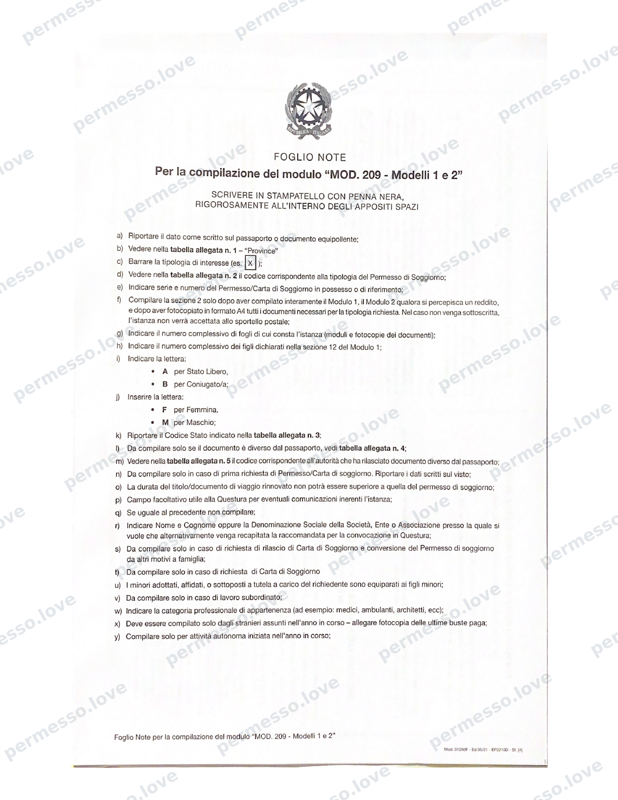 Modulo ufficiale Mod. 209 - richiesta di permesso di soggiorno (Kit Permesso) - pagina 20/24