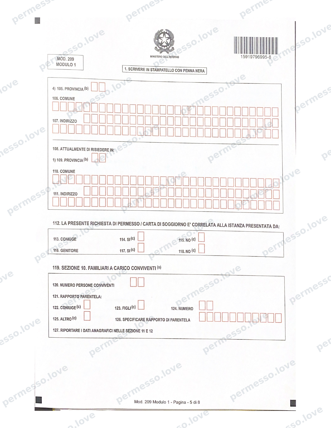 Modulo ufficiale Mod. 209 - richiesta di permesso di soggiorno (Kit Permesso) - pagina 5/24
