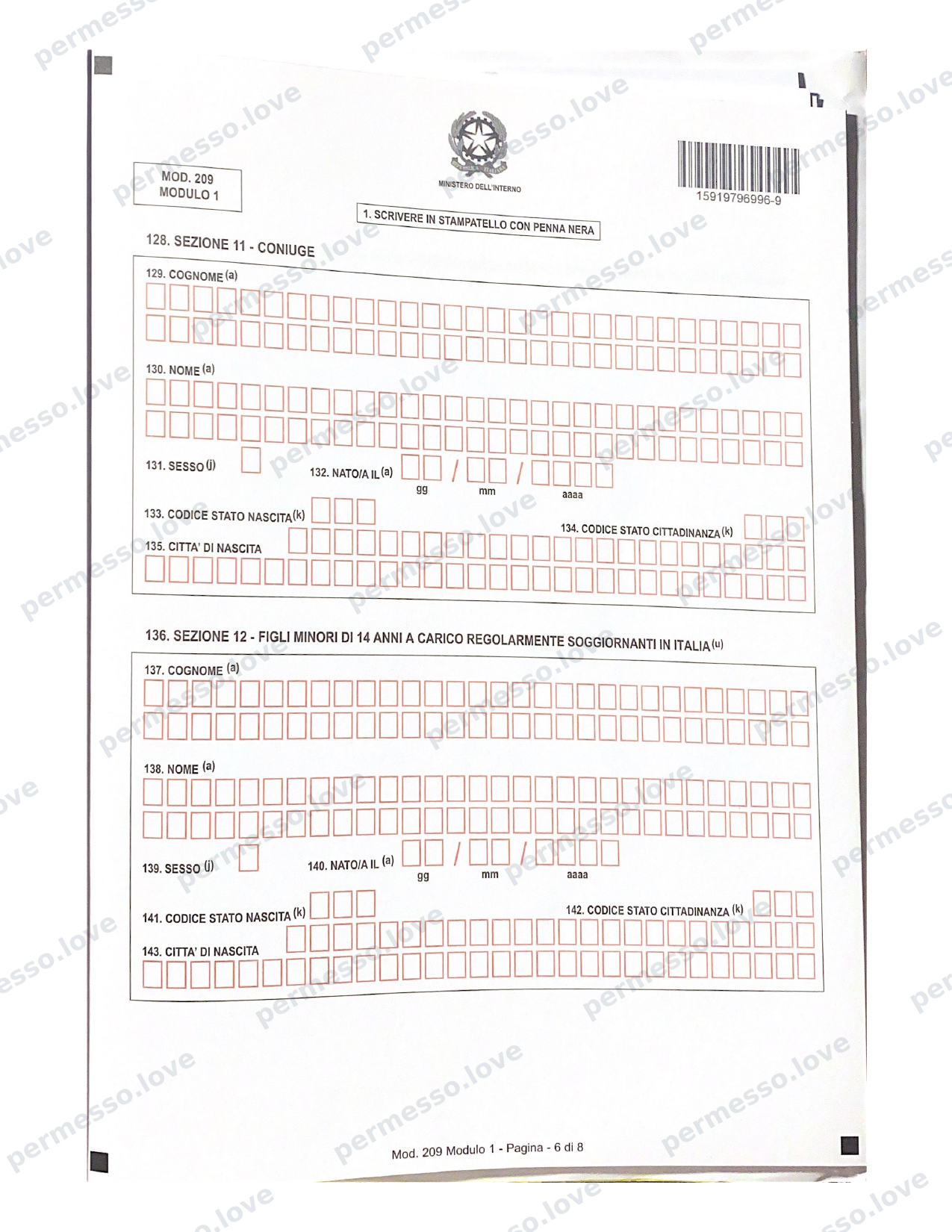 Modulo ufficiale Mod. 209 - richiesta di permesso di soggiorno (Kit Permesso) - pagina 6/24