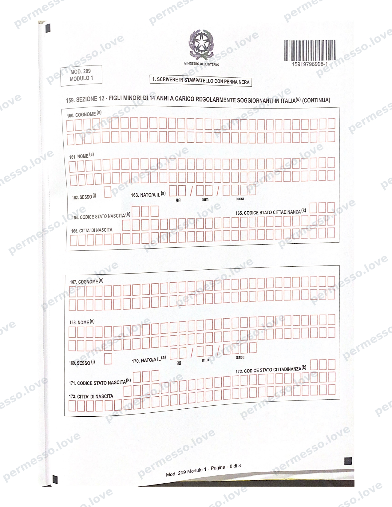 Modulo ufficiale Mod. 209 - richiesta di permesso di soggiorno (Kit Permesso) - pagina 8/24