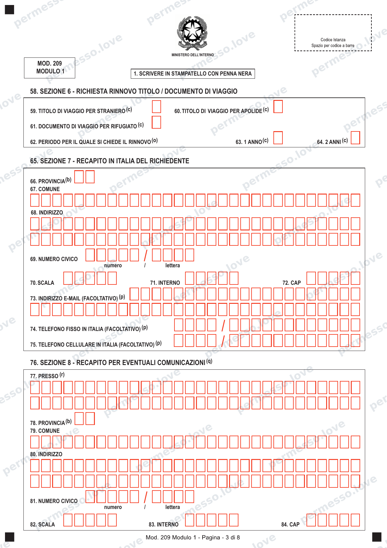 Official form Modulo 209 (Modulo 1) - application for permesso di soggiorno - page 3/8