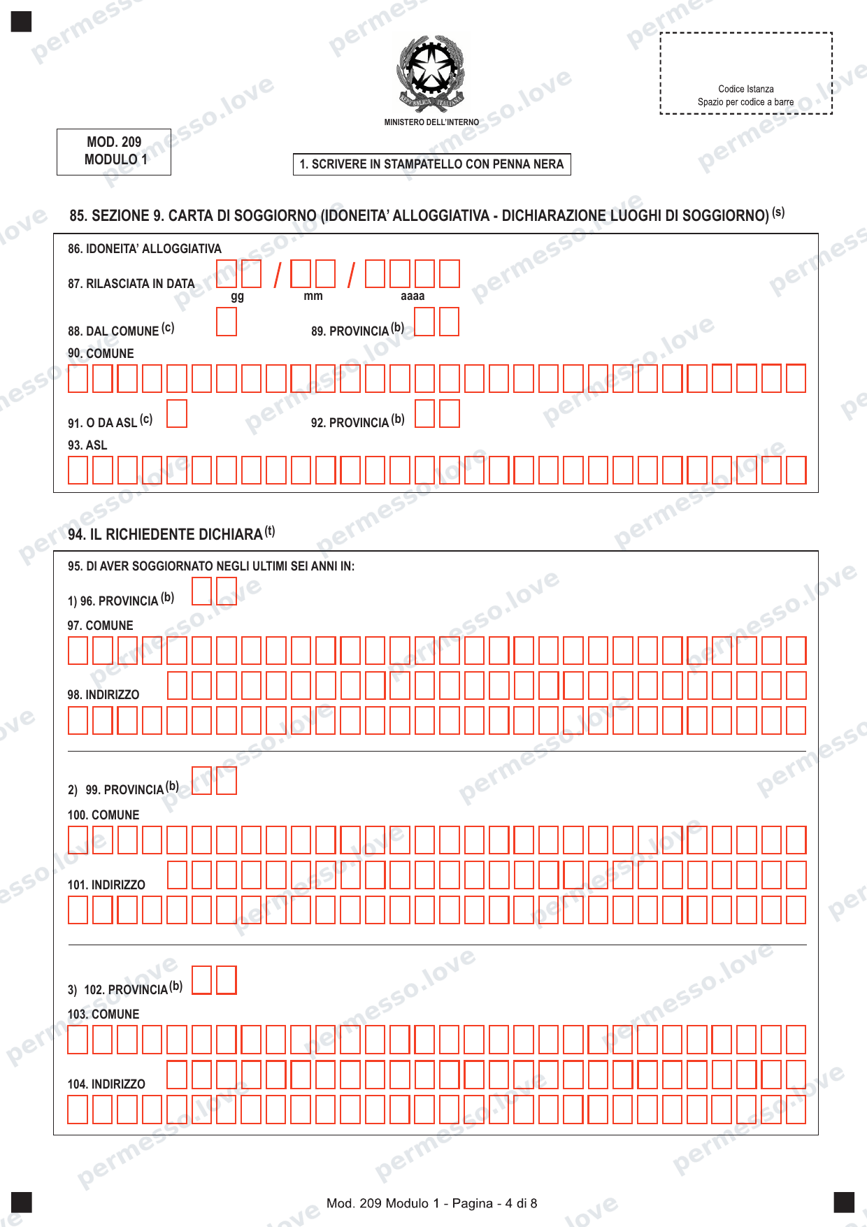 Official form Modulo 209 (Modulo 1) - application for permesso di soggiorno - page 4/8
