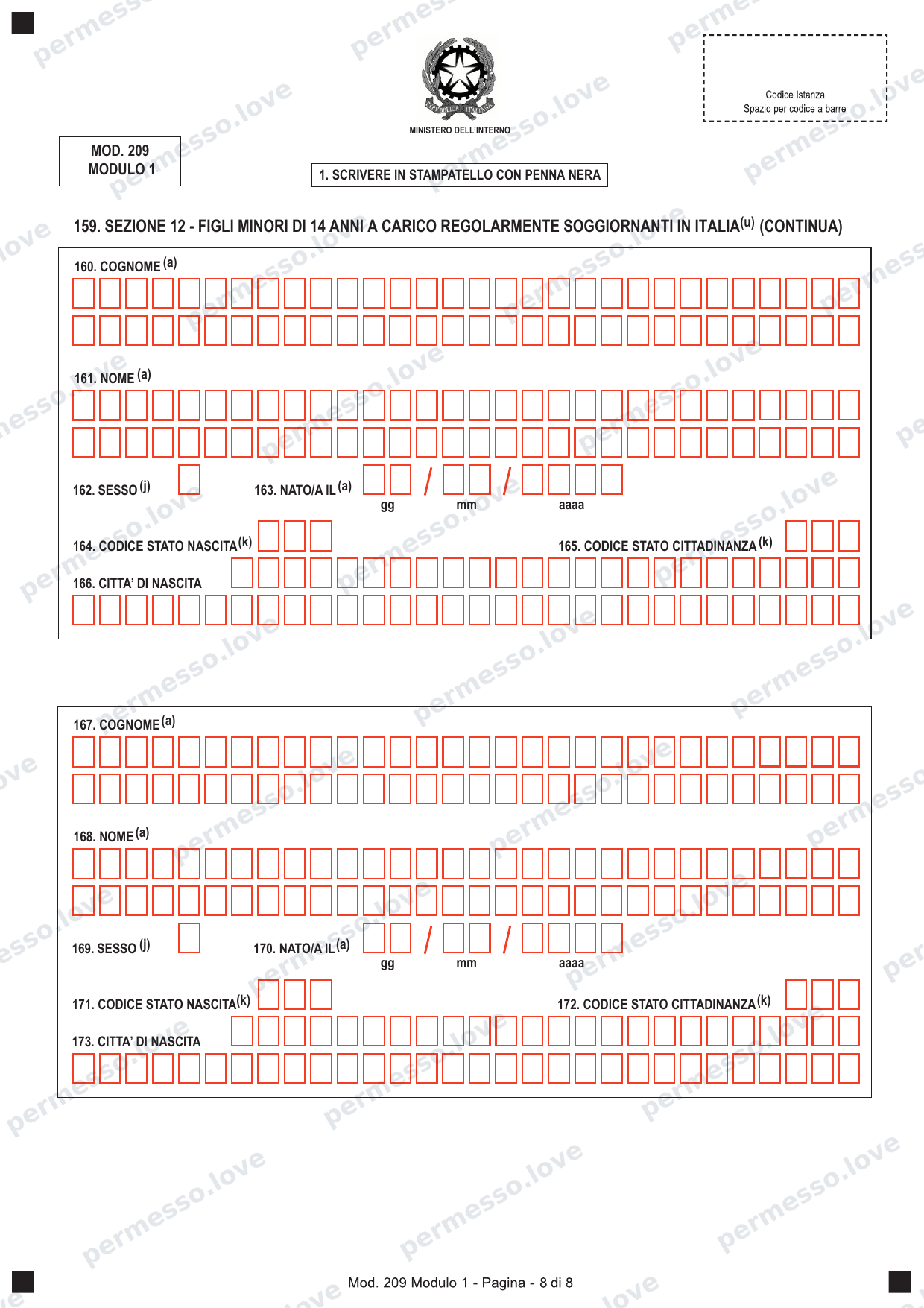 Official form Modulo 209 (Modulo 1) - application for permesso di soggiorno - page 8/8